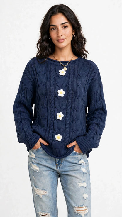 Pull en Maille Torsadée avec Fleurs en Relief