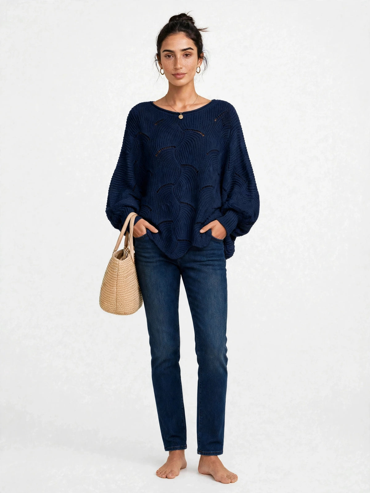 Pull Oversize en Maille Ajourée à Manches Ballon