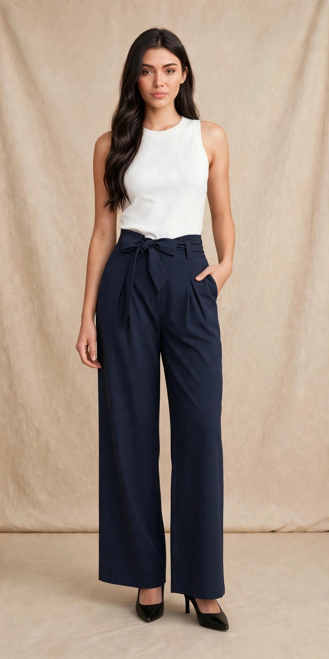 Pantalon palazzo ample à nouer à la taille style chic