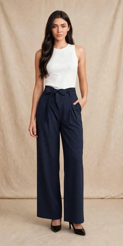 Pantalon palazzo ample à nouer à la taille style chic