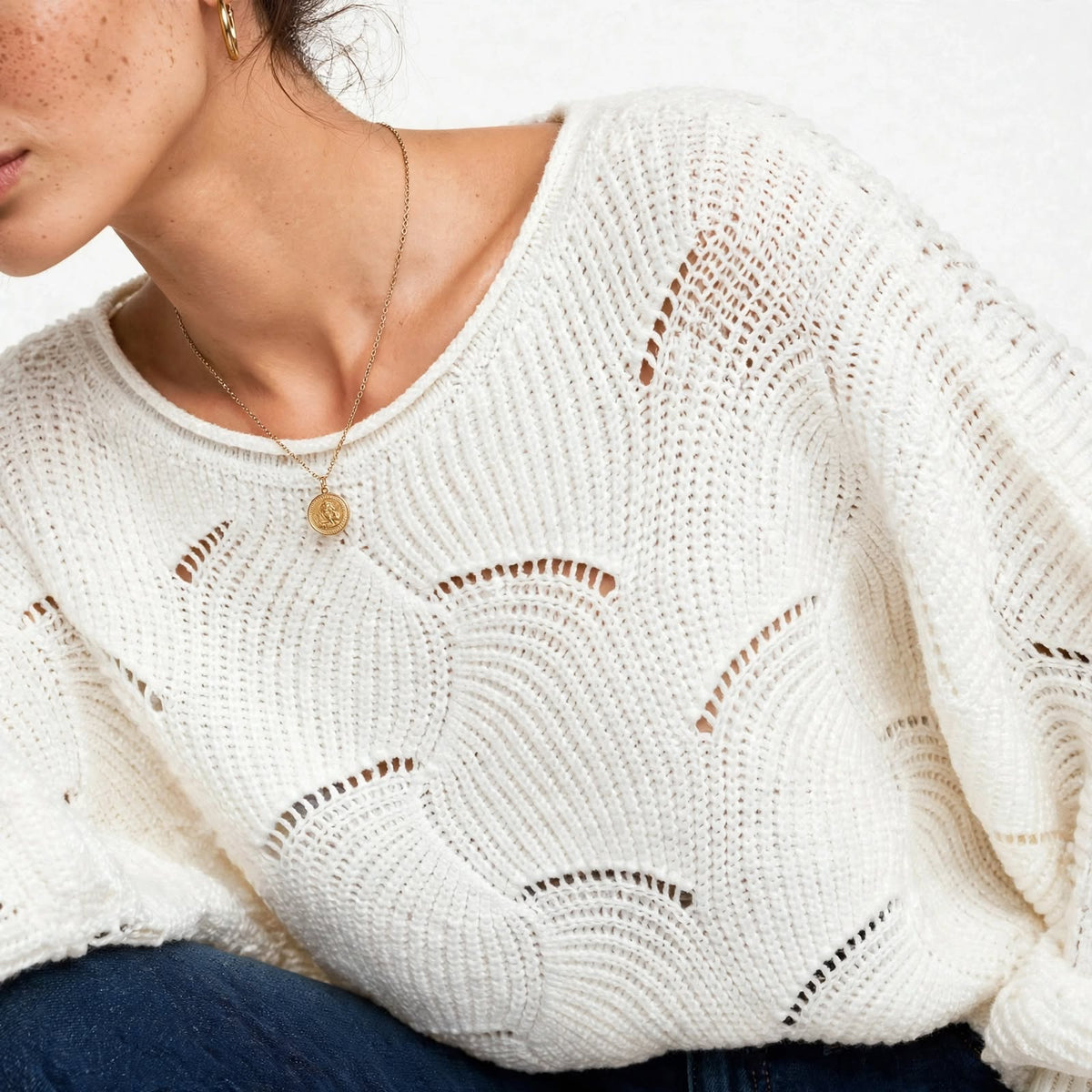 Pull Oversize en Maille Ajourée à Manches Ballon