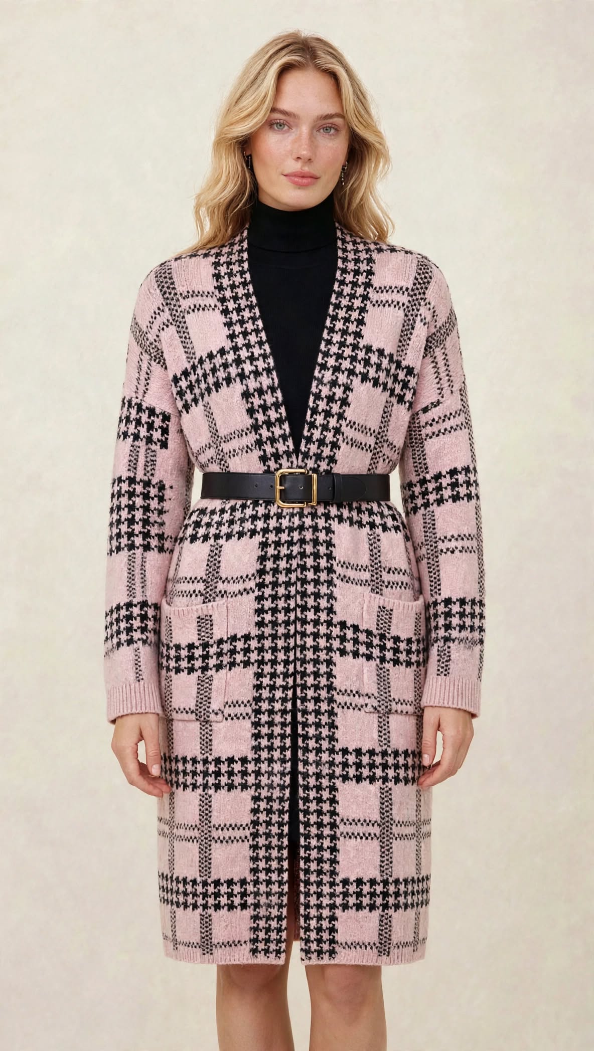 Gilet Long en Maille à Motif Géométrique et Poches Plaquées