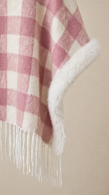 Cape Poncho à Carreaux avec Col en Fausse Fourrure & Franges
