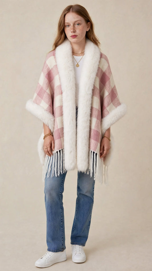 Cape Poncho à Carreaux avec Col en Fausse Fourrure & Franges