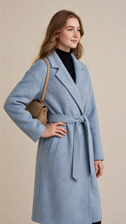 Manteau Mi-Long Ceinturé en Laine avec Grand Col Revers Élégant
