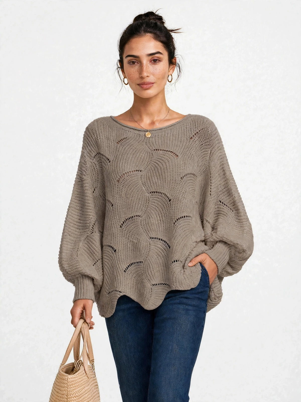Pull Oversize en Maille Ajourée à Manches Ballon