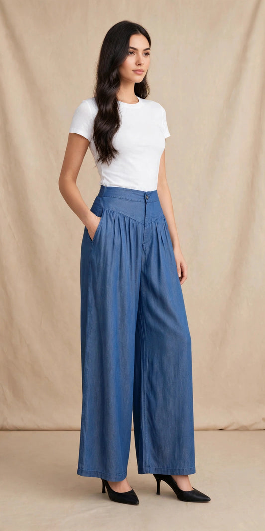 Pantalon large rayé à taille haute esprit casual