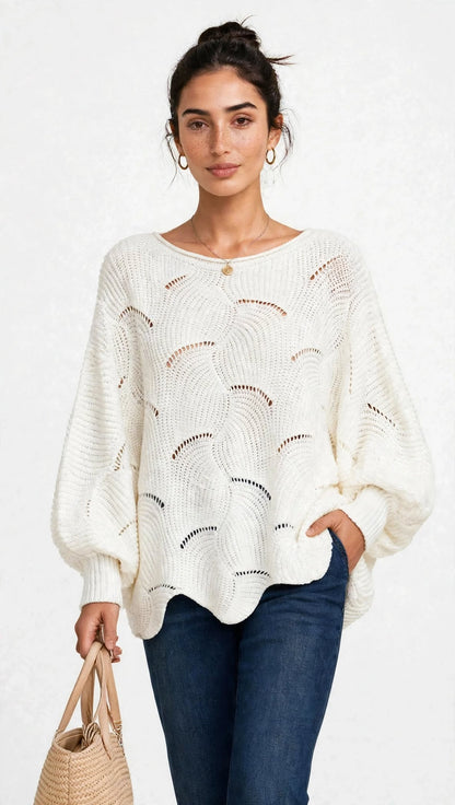 Pull Oversize en Maille Ajourée à Manches Ballon