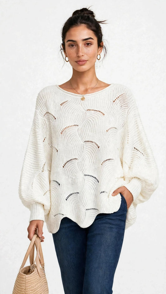 Pull Oversize en Maille Ajourée à Manches Ballon