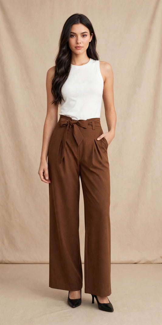 Pantalon palazzo ample à nouer à la taille style chic