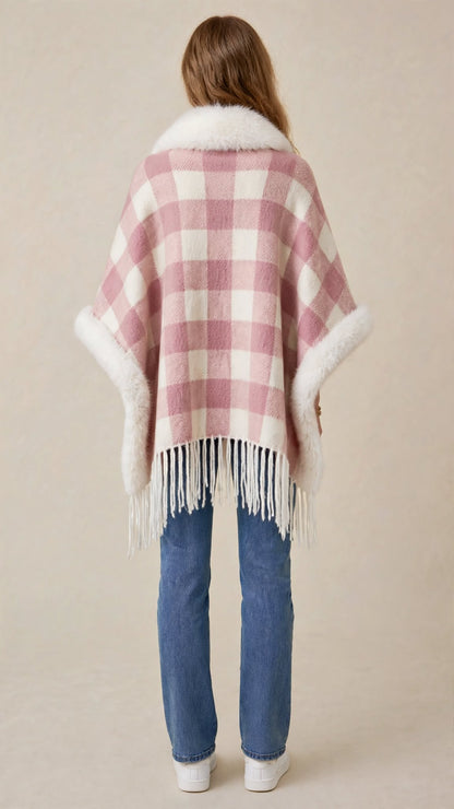 Cape Poncho à Carreaux avec Col en Fausse Fourrure & Franges