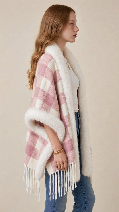 Cape Poncho à Carreaux avec Col en Fausse Fourrure & Franges